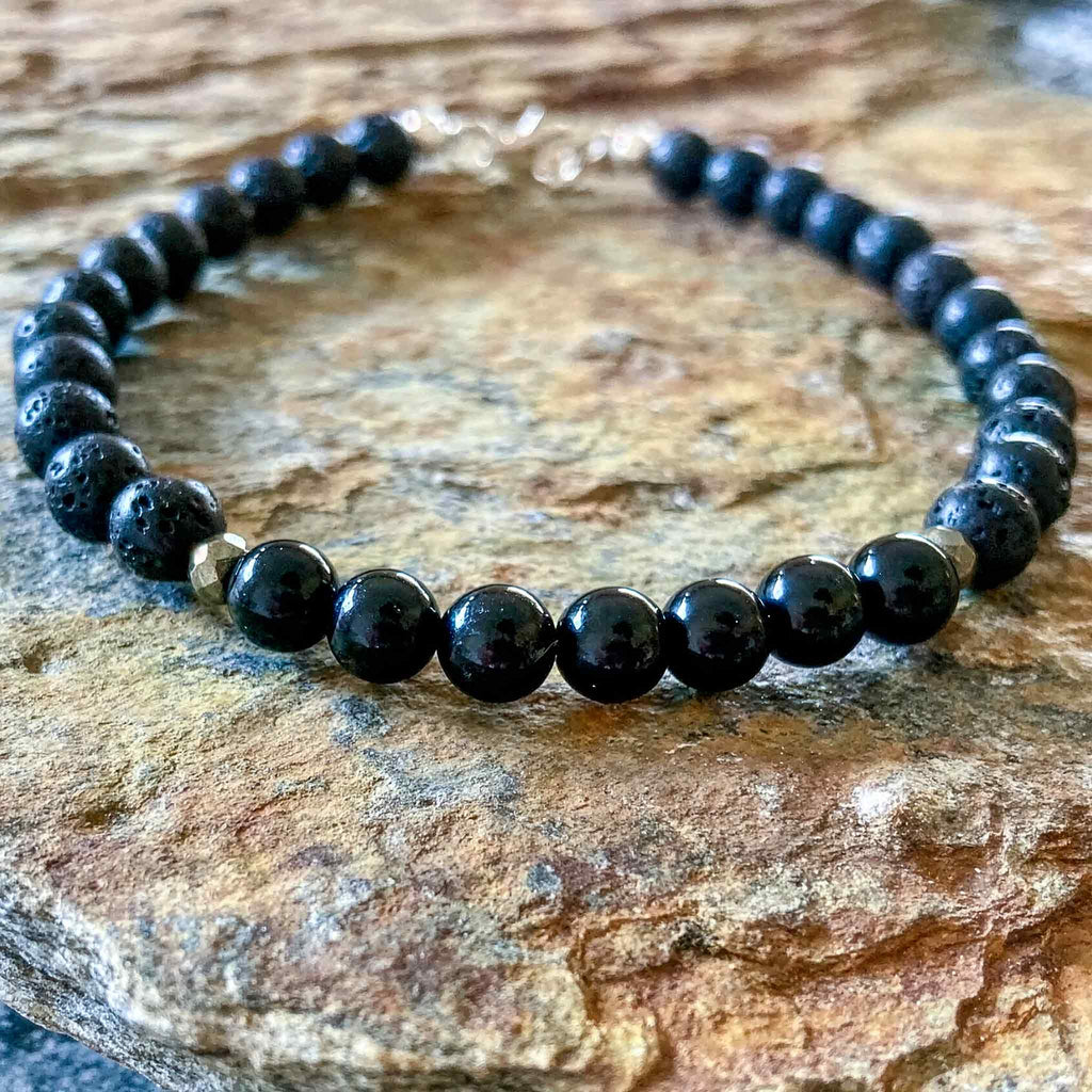 Men’s black tourmaline and lava stone bracelet with sterling silver details
