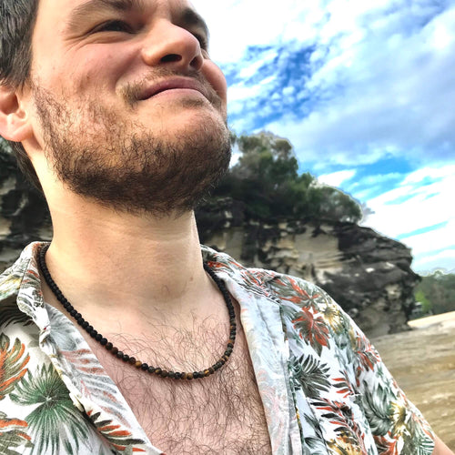 Empowerment For Men Tigers Eye and rainbow obsidian Necklace Model 2