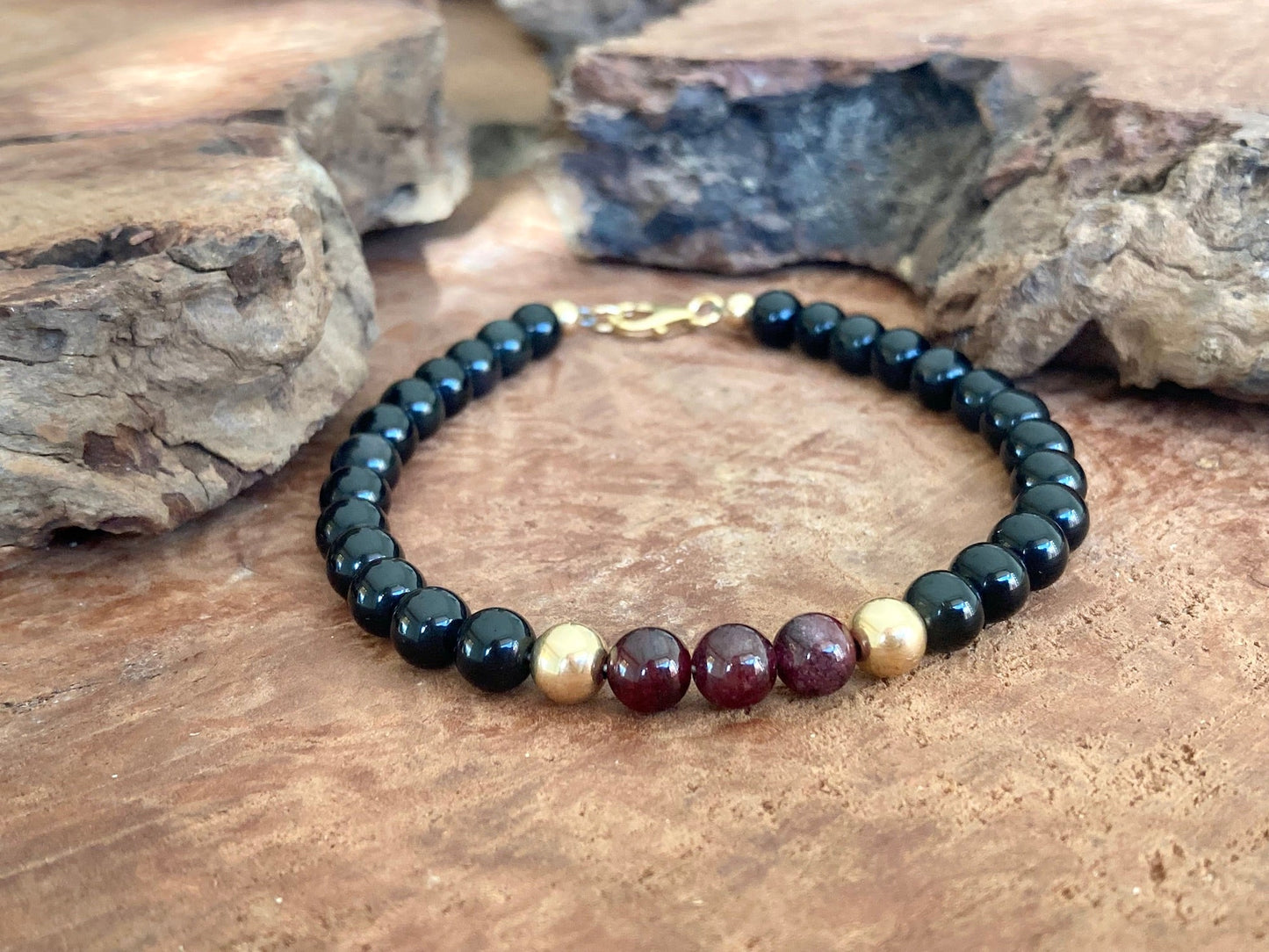 Embodying the Inner Warrior - Garnet & Black Obsidian - Gold Bracelet