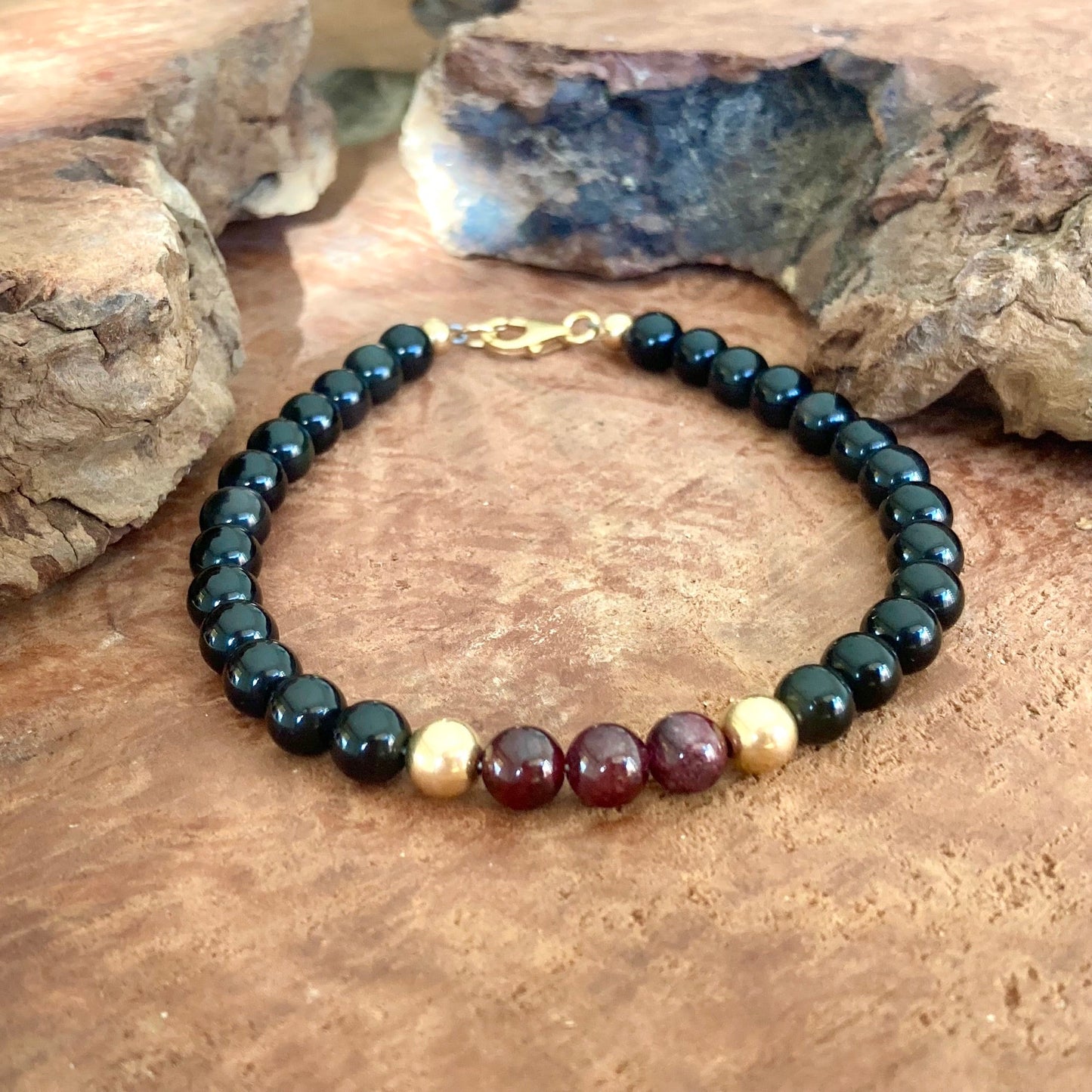 Embodying the Inner Warrior - Garnet & Black Obsidian - Gold Bracelet