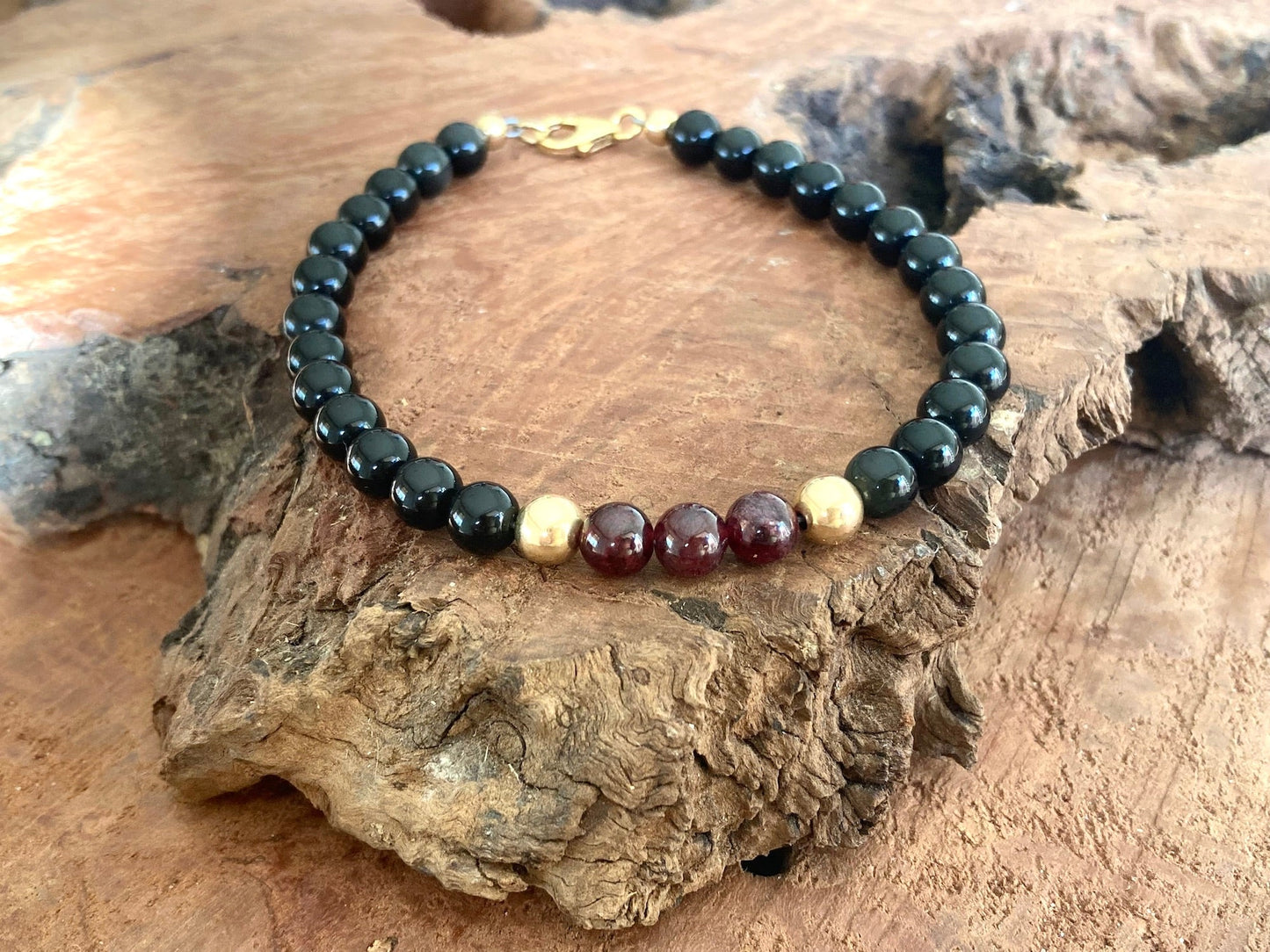 Embodying the Inner Warrior - Garnet & Black Obsidian - Gold Bracelet