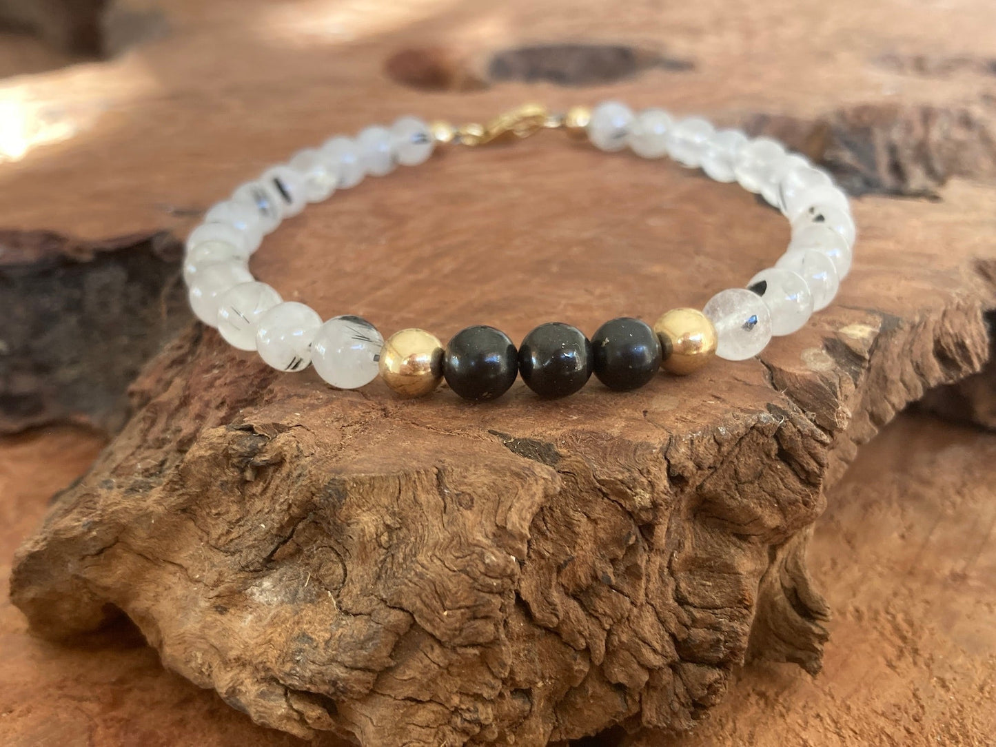 Duality - Shungite & Tourmalinated Quartz - Gold Bracelet