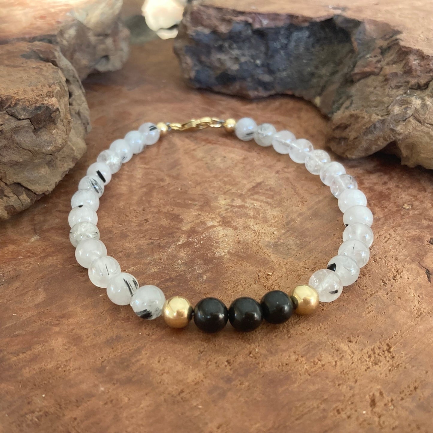 Duality - Shungite & Tourmalinated Quartz - Gold Bracelet