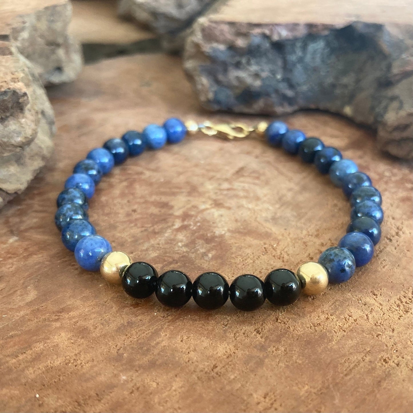 Mastering My Own Reality - Dumortierite & Black Onyx - Gold Bracelet