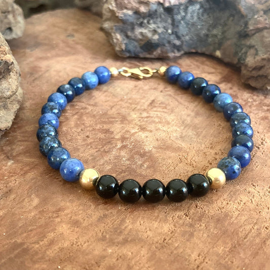 Mastering My Own Reality - Dumortierite & Black Onyx - Gold Bracelet