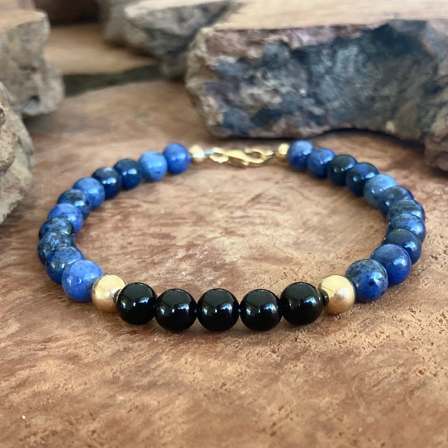 Mastering My Own Reality - Dumortierite & Black Onyx - Gold Bracelet