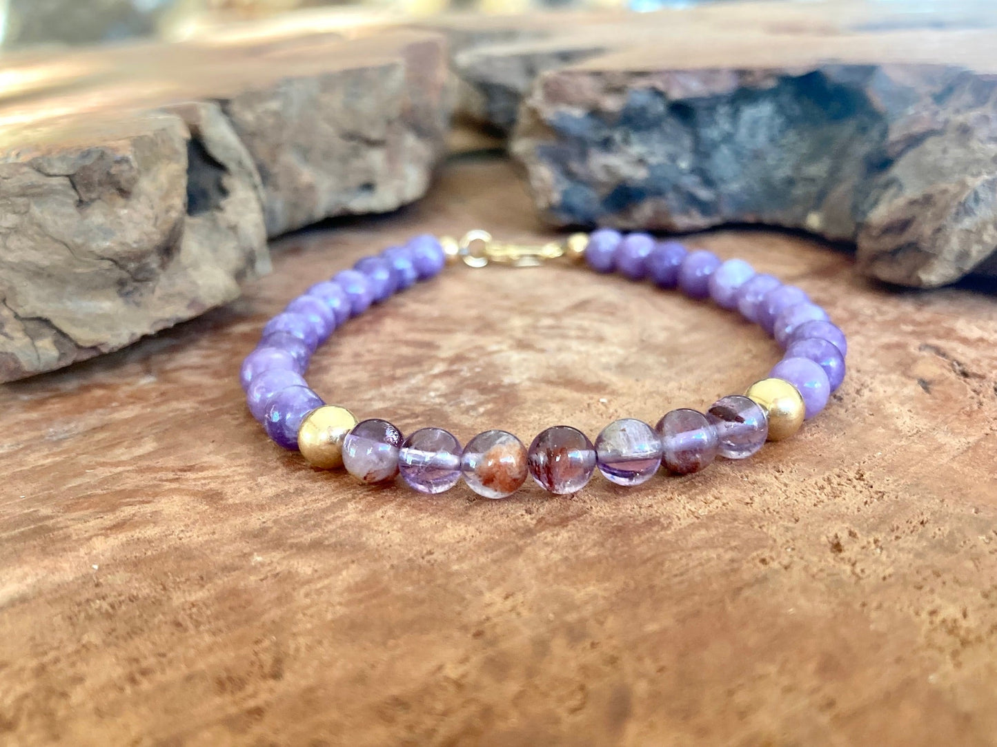 You Are Your Own Guru - Phosphosiderite & Purple Lodolite - Gold Bracelet