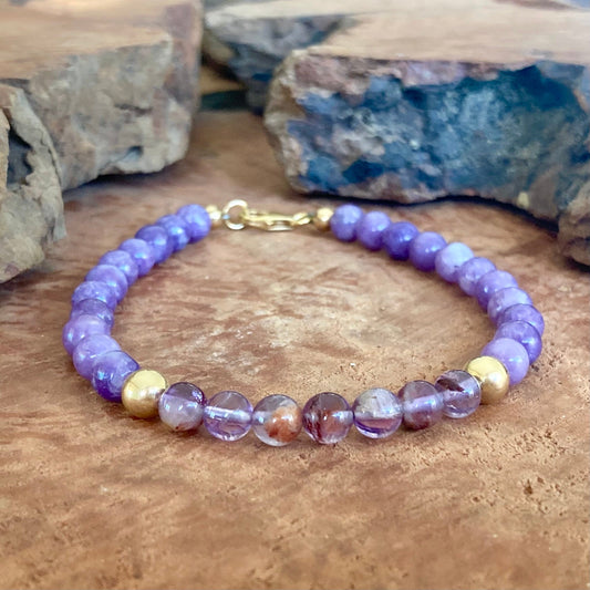 You Are Your Own Guru - Phosphosiderite & Purple Lodolite - Gold Bracelet