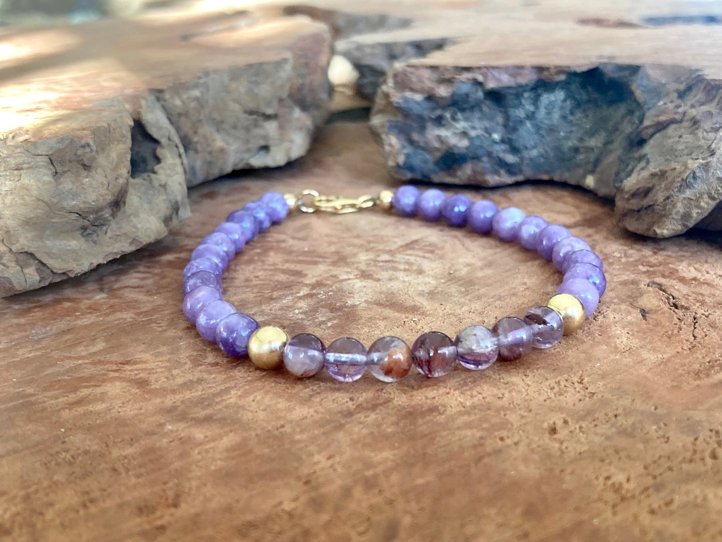 You Are Your Own Guru - Phosphosiderite & Purple Lodolite - Gold Bracelet