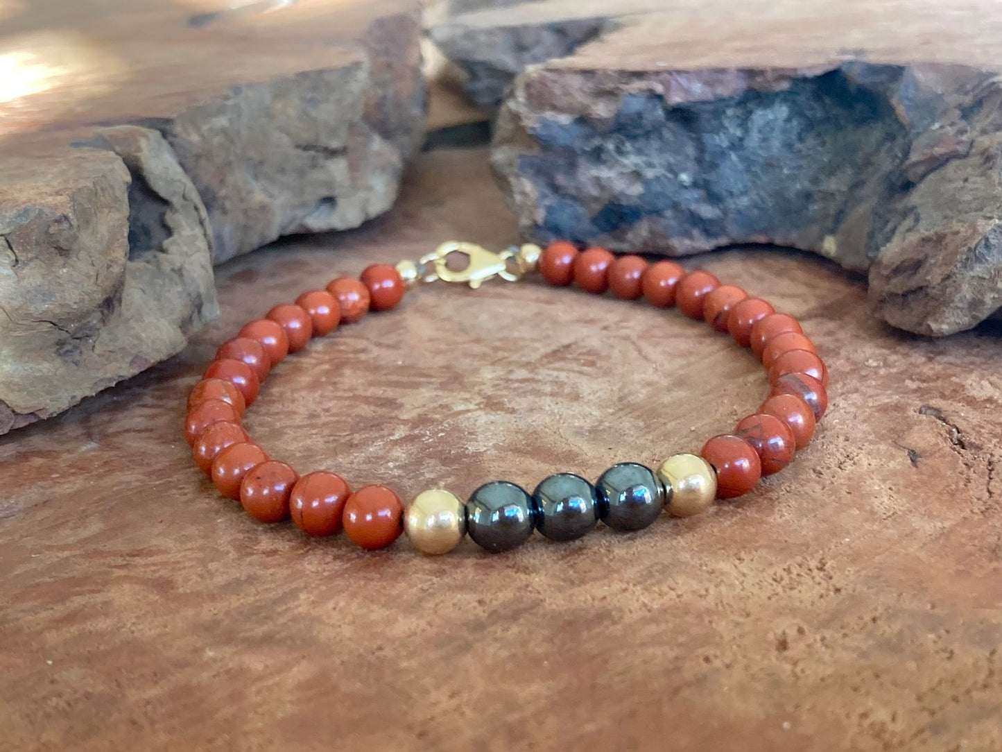 Unshakeable Soul - Red Jasper & Hematite - Gold Bracelet