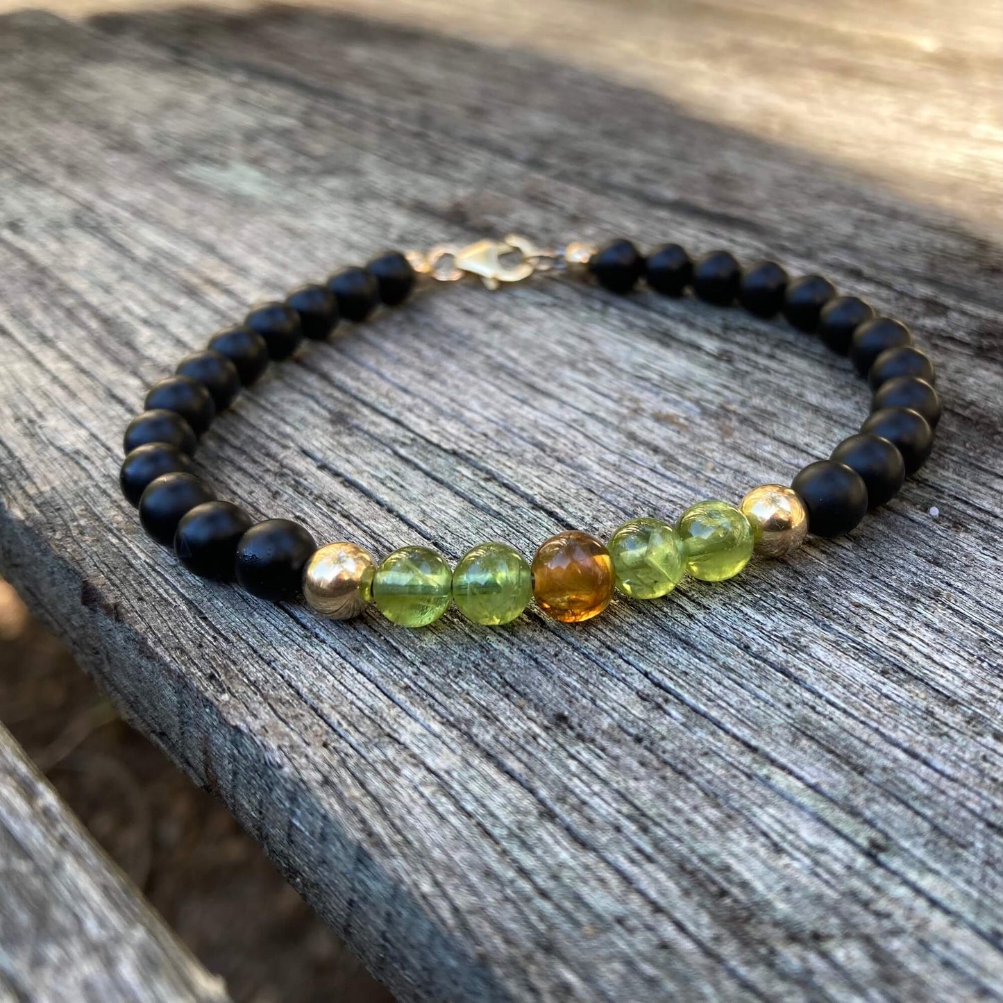 Amber, Peridot & Black Onyx - Gold Bracelet