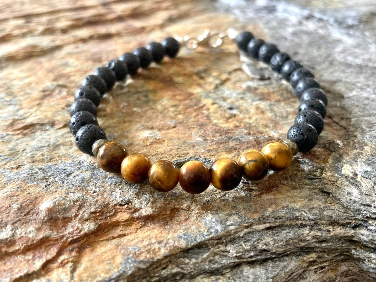 Close-up of banded tiger's eye beads on the Protection bracelet