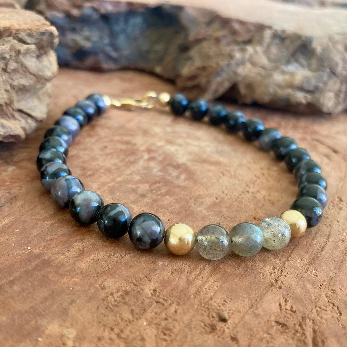 Close-up of labradorite and gold-fill beads on The Shadow Walker bracelet