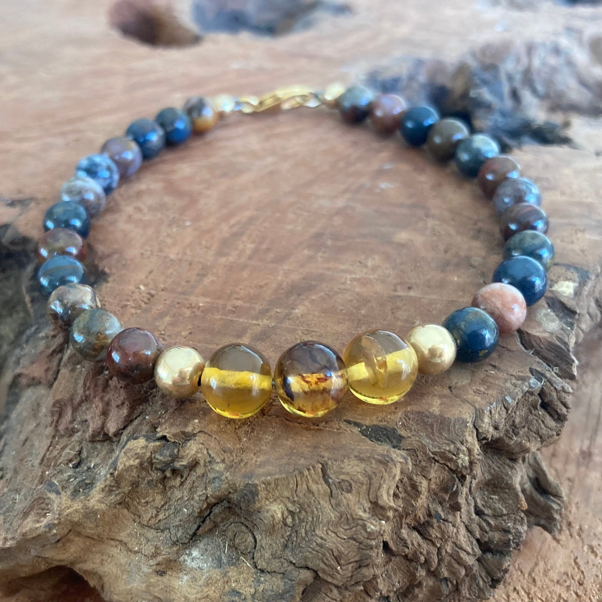 Close-up of the Mexican amber beads between gold-fill beads on The Catalyst bracelet