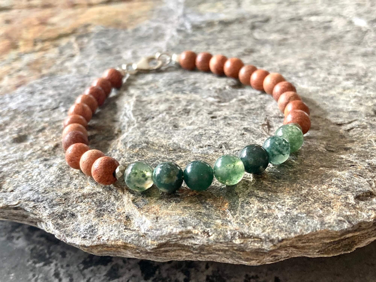Close-up of translucent green moss agate beads on the New Beginnings bracelet
