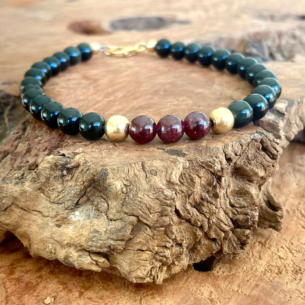 Men's inner warrior bracelet - garnet and black obsidian detail shot