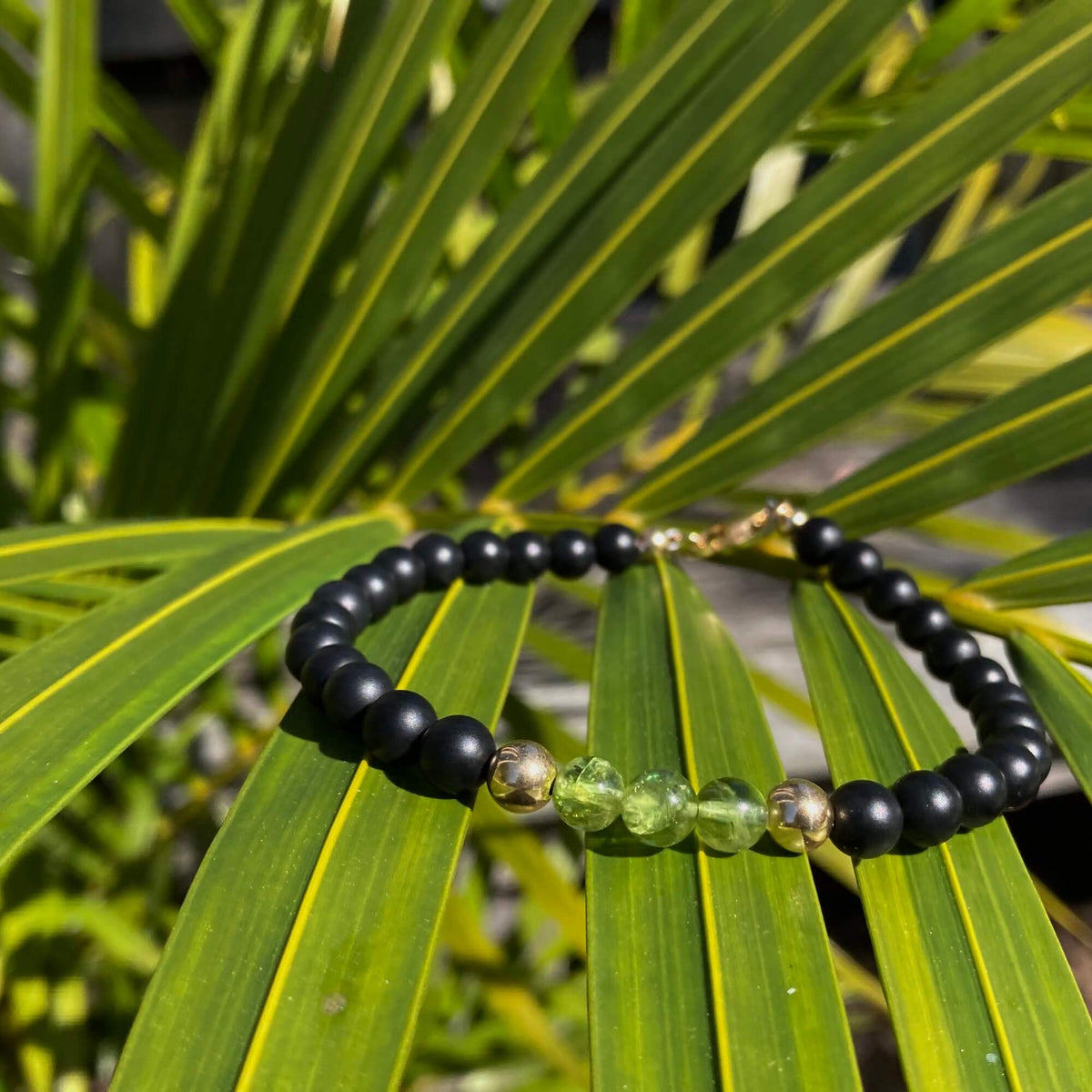 The Liberator peridot and black onyx bracelet resting on palm fronds