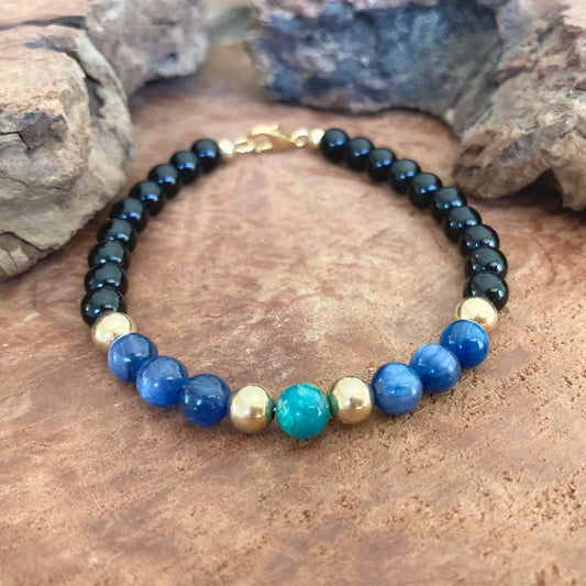 The Trinity Of Healing - Chrysocolla, Kyanite & Black Tourmaline Gold Men's Crystal Bracelet