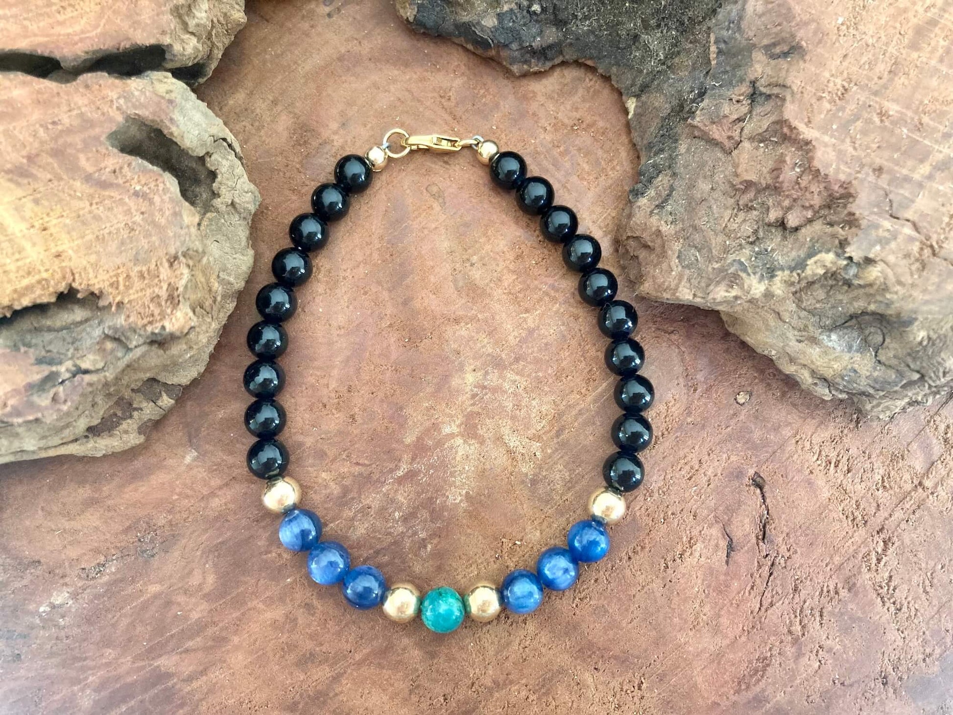 The Trinity Of Healing - Chrysocolla, Kyanite & Black Tourmaline Gold Men's healing crystal Bracelet